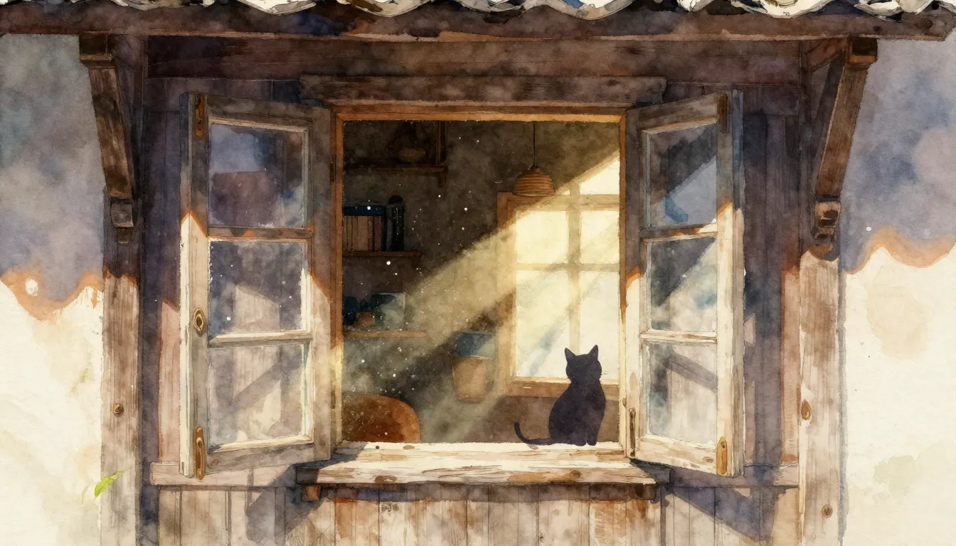 Watercolor style. An old wooden house with an open window, s...