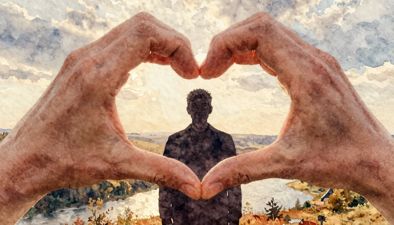 Watercolor style. A silhouette of a man with a kind face sta...