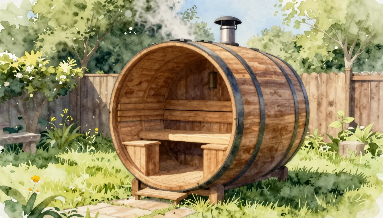 Watercolor style. A cozy, modern barrel sauna in a beautiful...