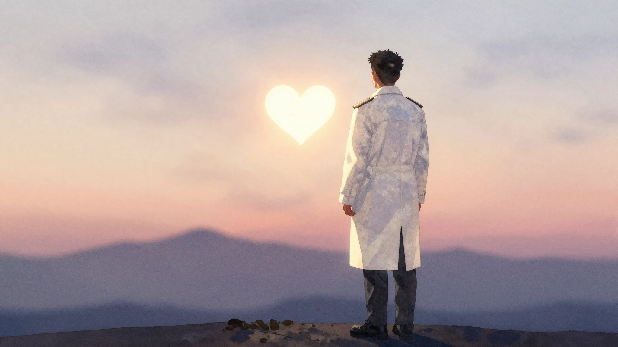 Watercolor style. Silhouette of a person in a long white coa...