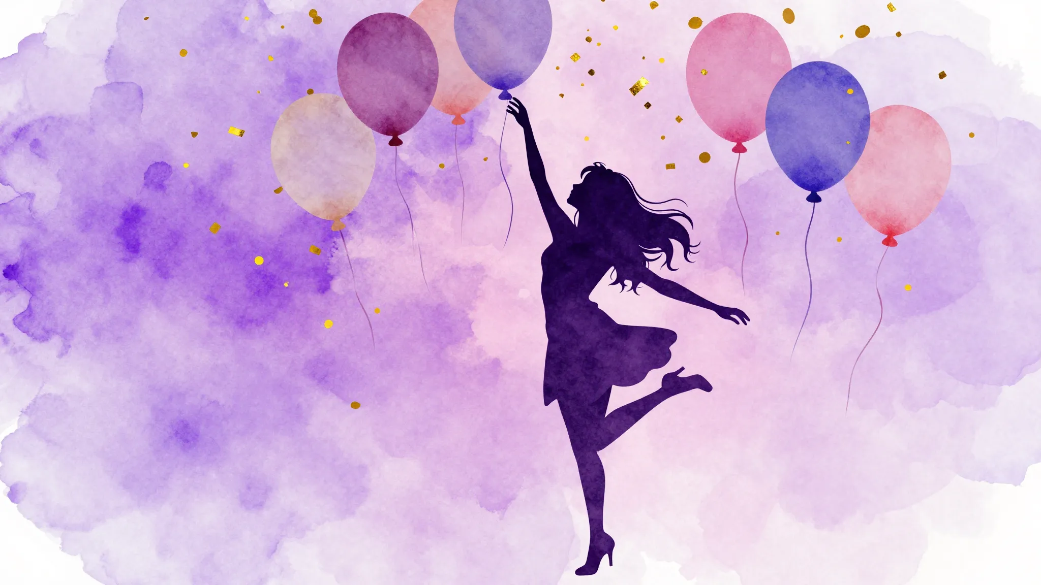 Watercolor style. Silhouette of a girl dancing among floatin...