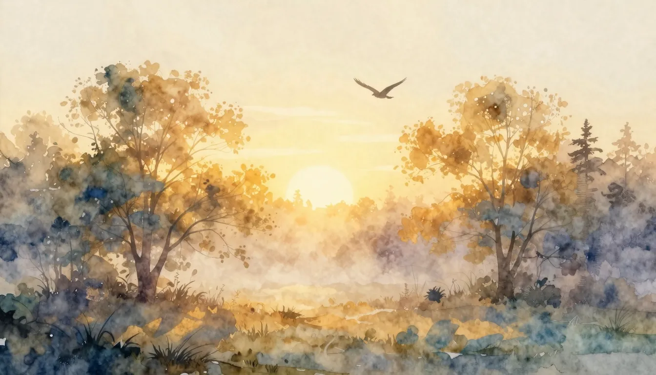 Watercolor style. Sunrise over a serene landscape, golden li...