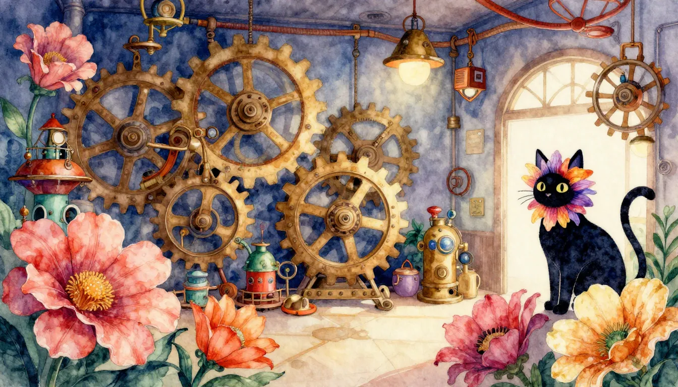 Watercolor style. Interior of a whimsical toy factory, giant...