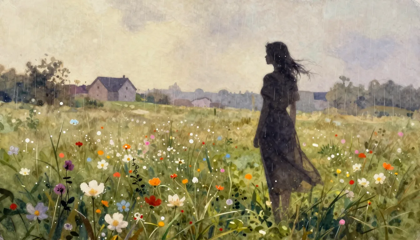 Watercolor style. A silhouette of a woman standing in a bloo...