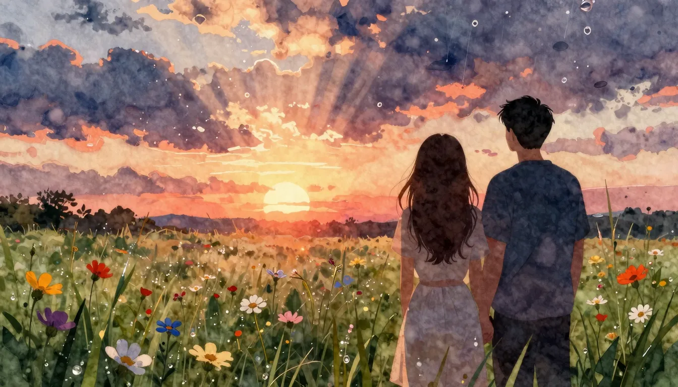 Watercolor style. A silhouette of a couple watching a vibran...