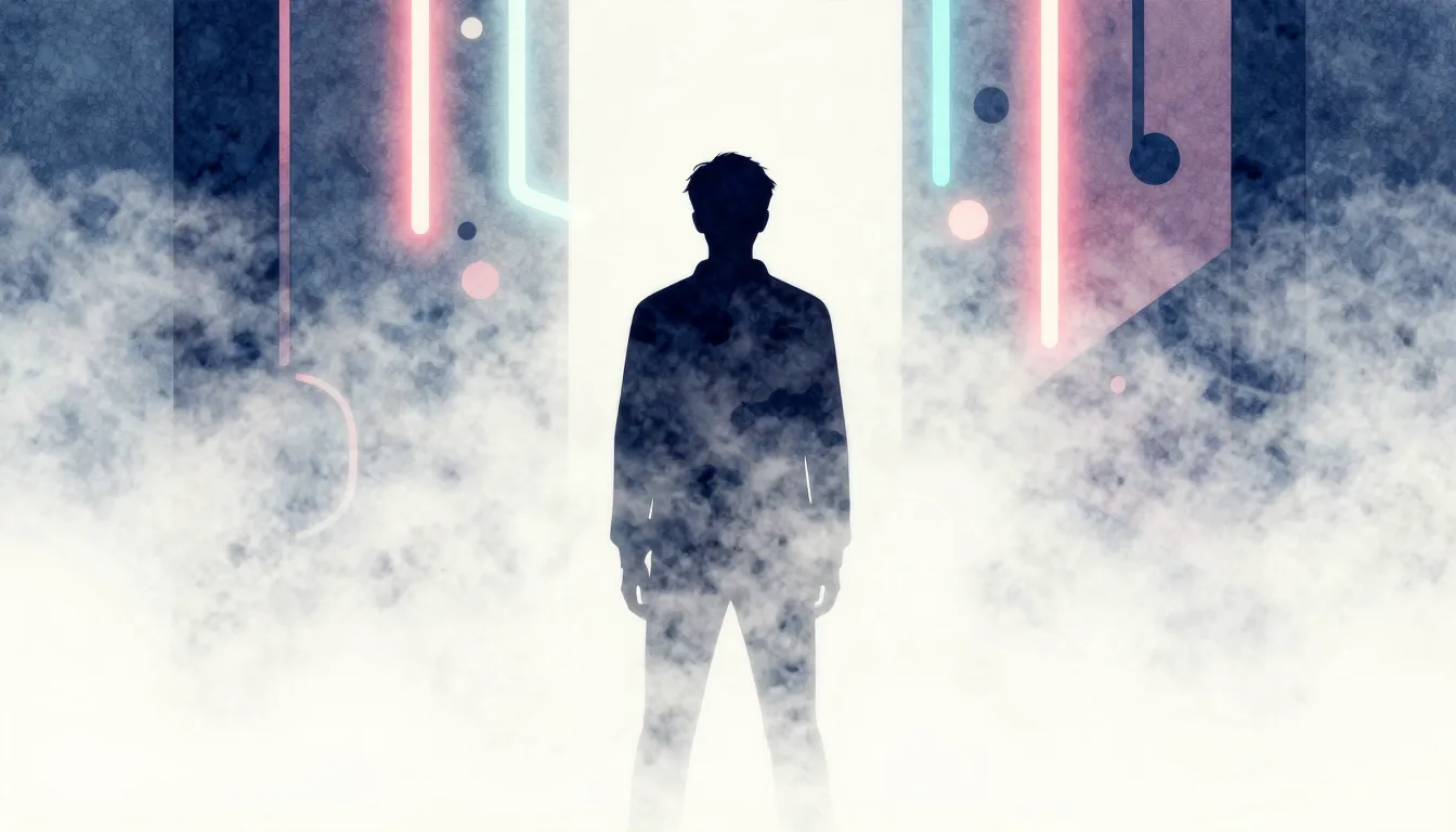 Watercolor style. A silhouette of a person standing in a thi...