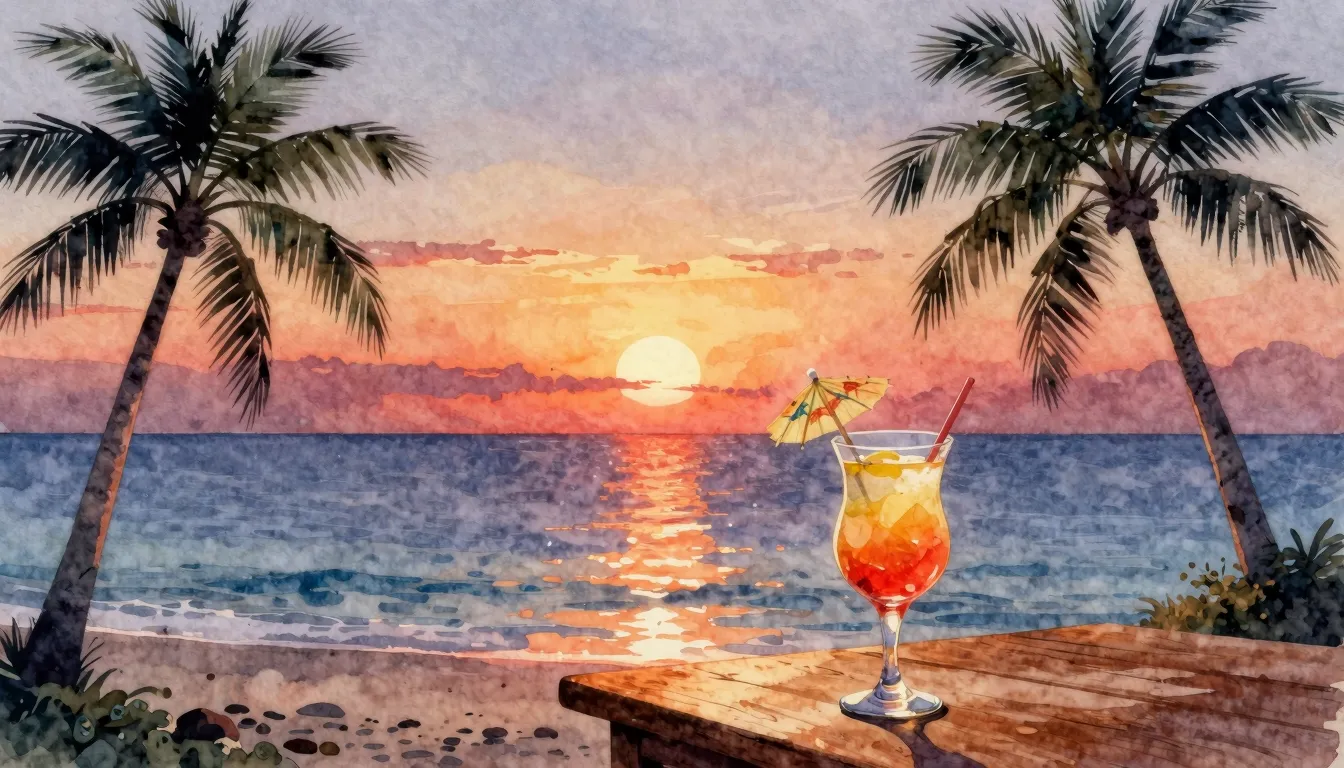 Watercolor style. A vibrant sunset over a calm sea, a silhou...