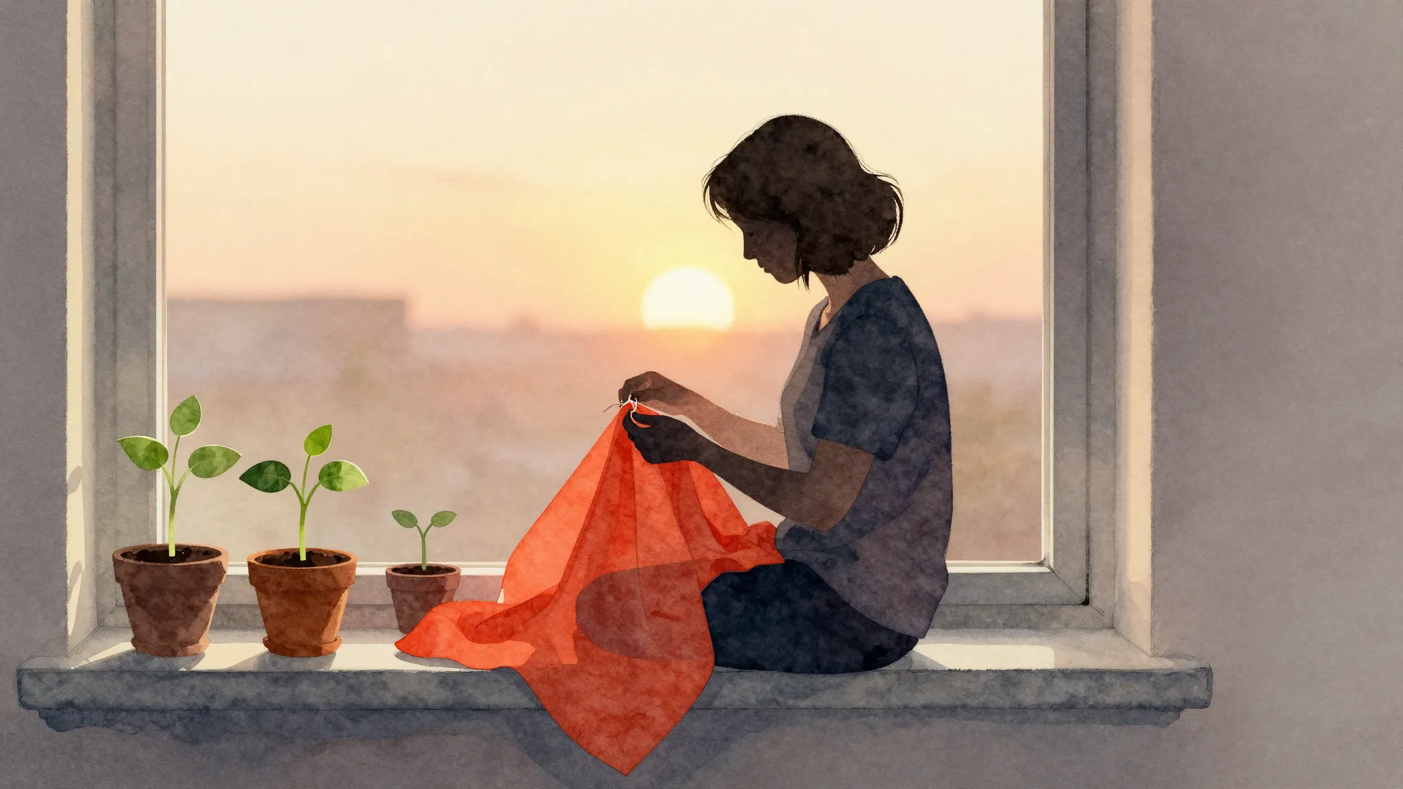 Watercolor style. Silhouette of a woman sitting by a window ...