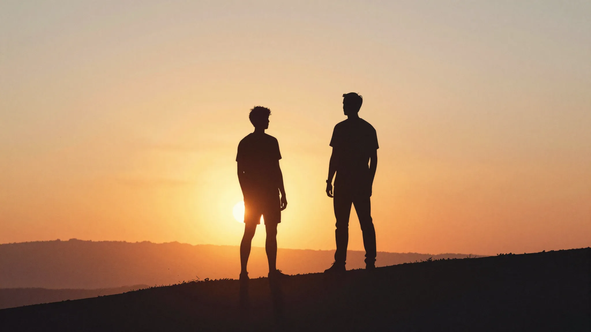 Watercolor style. Two male silhouettes standing on a hill lo...