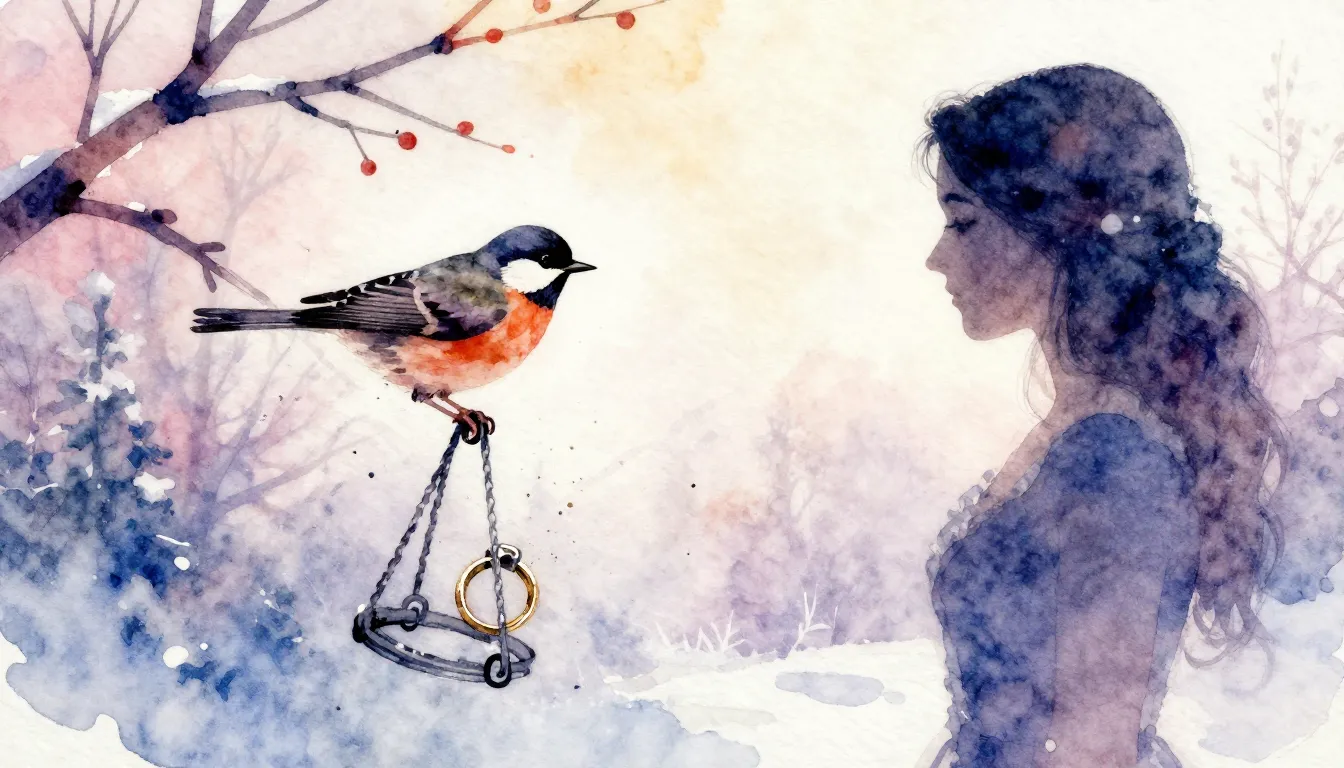 Vibrant watercolor style. Folk song cover: winter, a bird br...