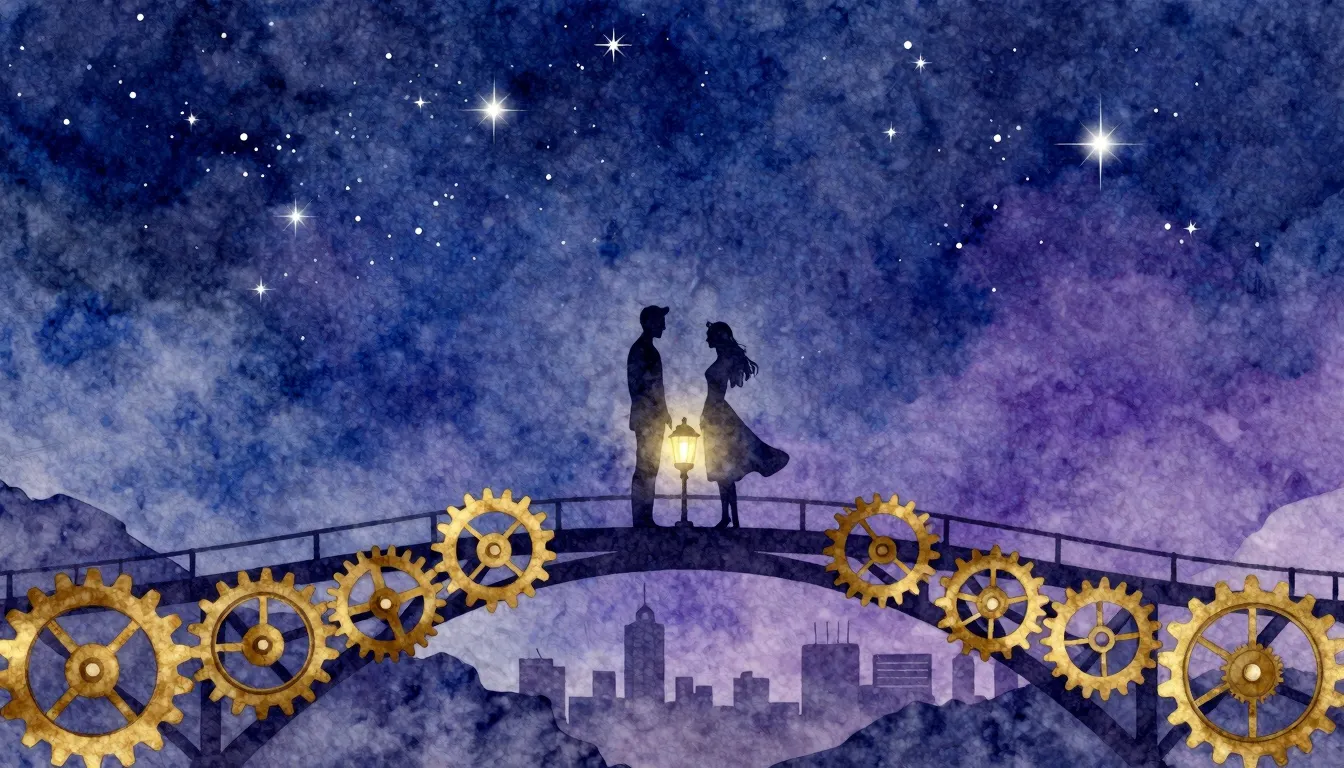 Watercolor style. A silhouette of a couple standing on a sty...