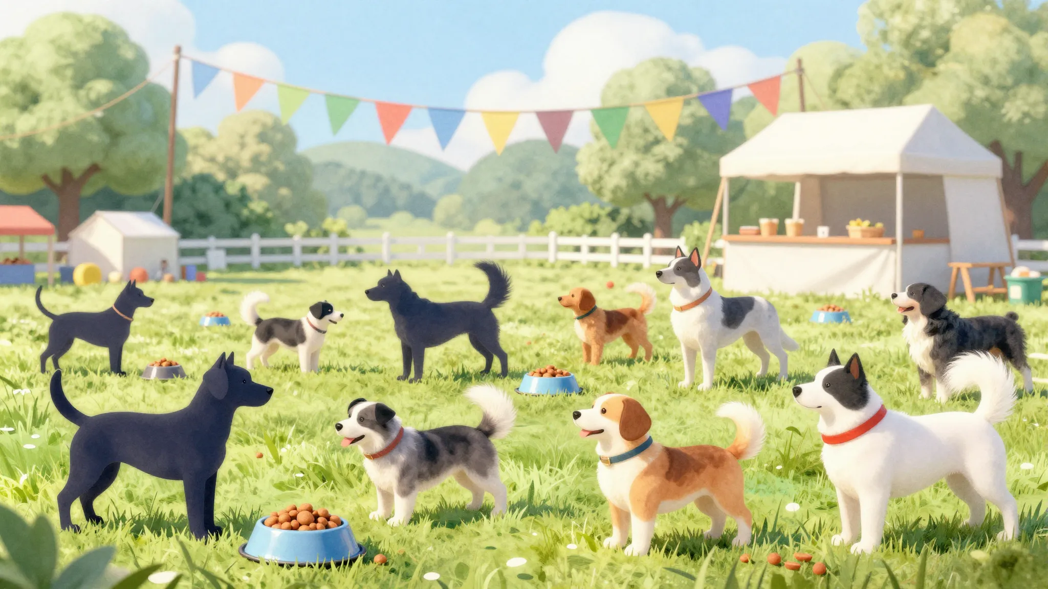 Watercolor style. A sunny outdoor summer dog show scene, gre...