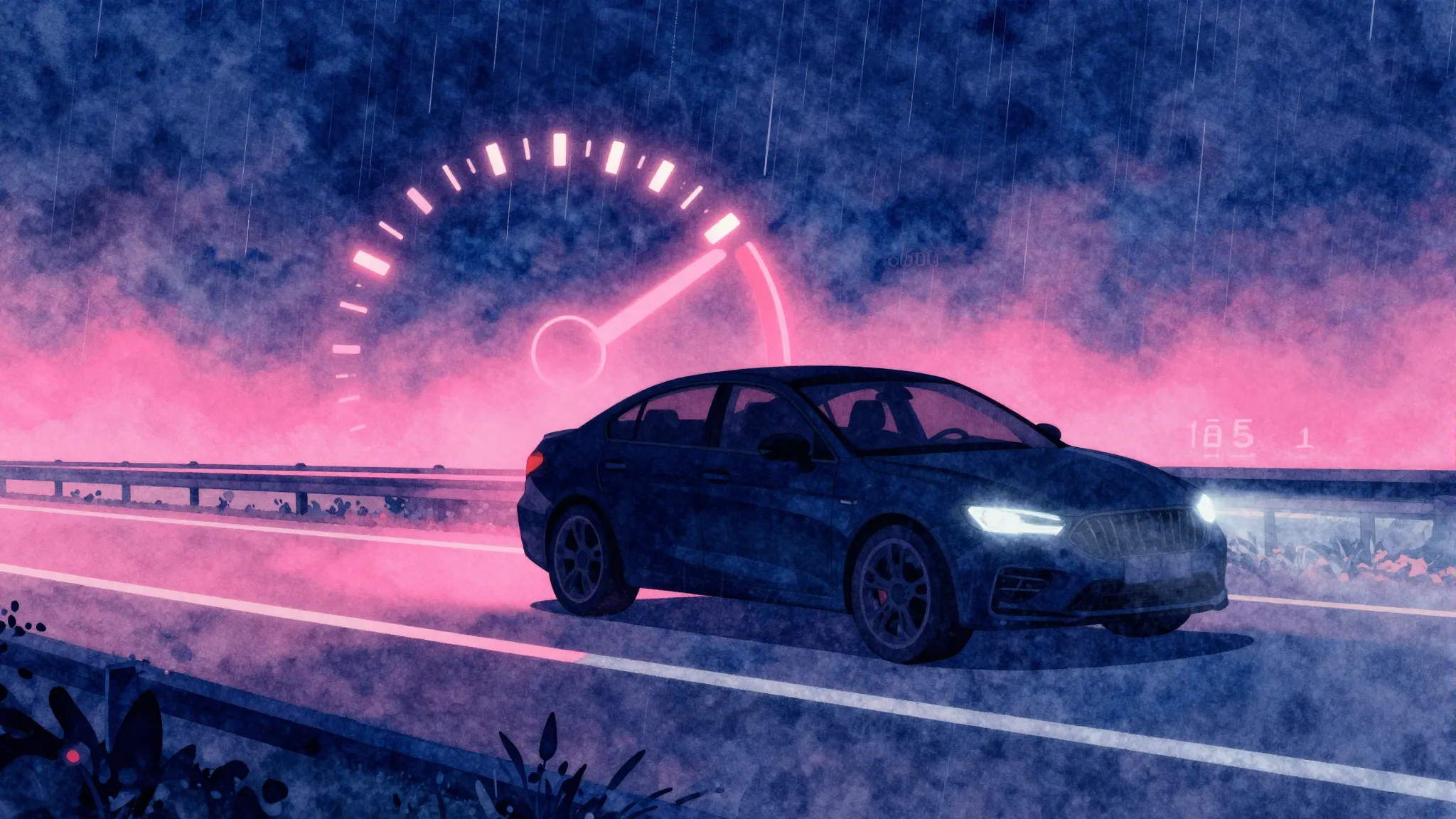 Watercolor style. A silhouette of a modern car on the side o...