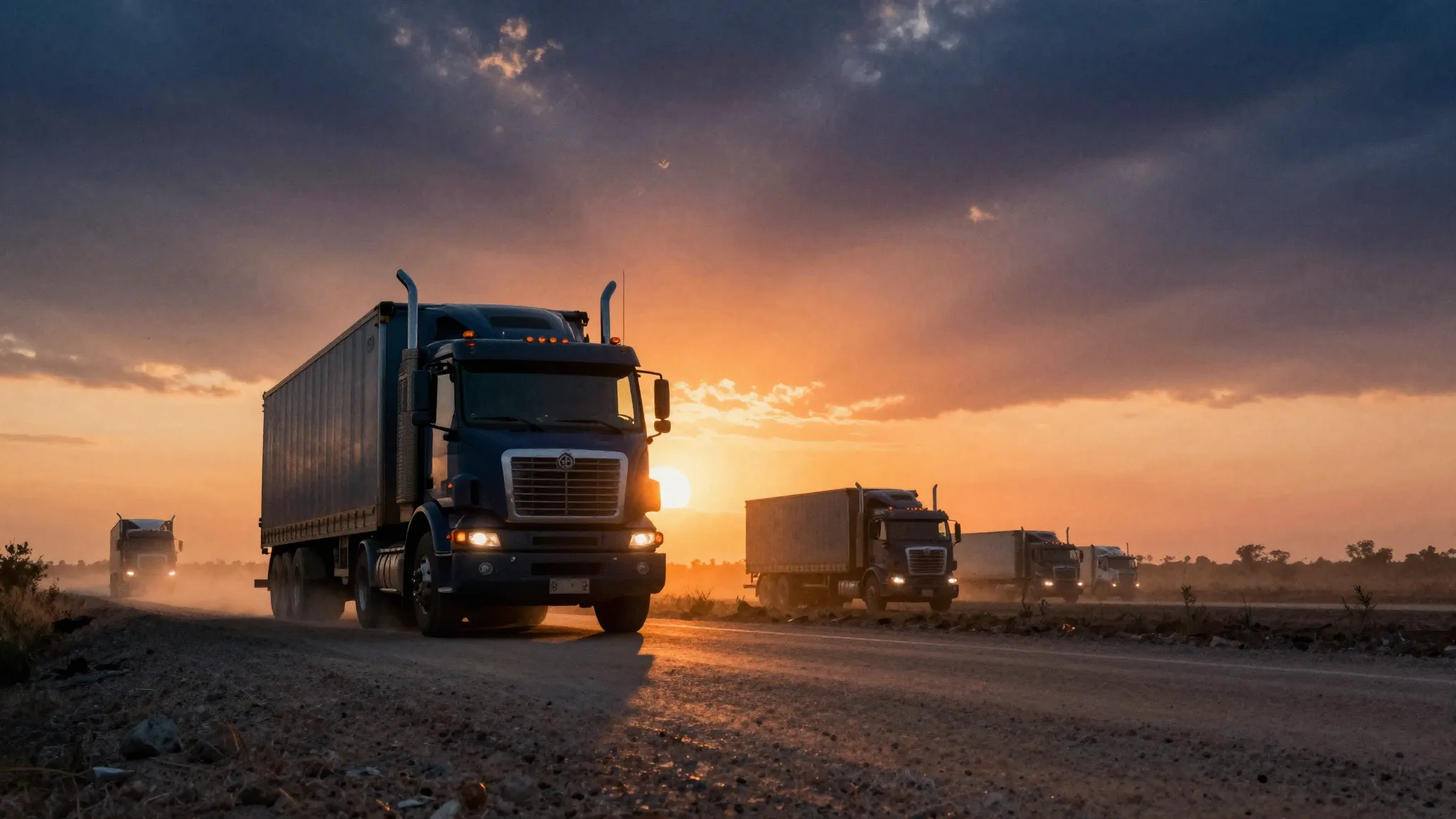 Watercolor style. A silhouette of a large truck driving on a...