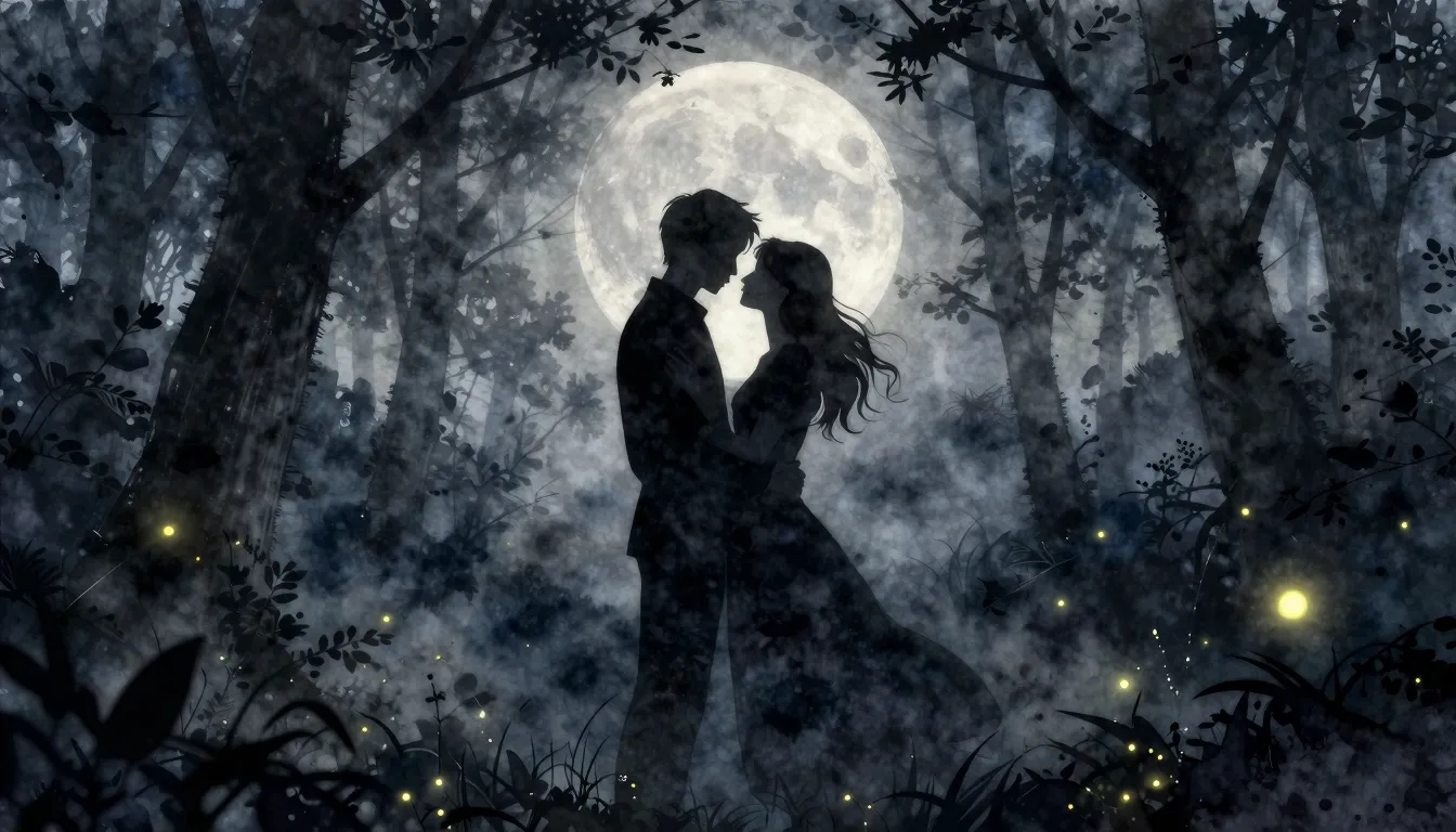 Watercolor style. Silhouette of a couple embracing in a dark...