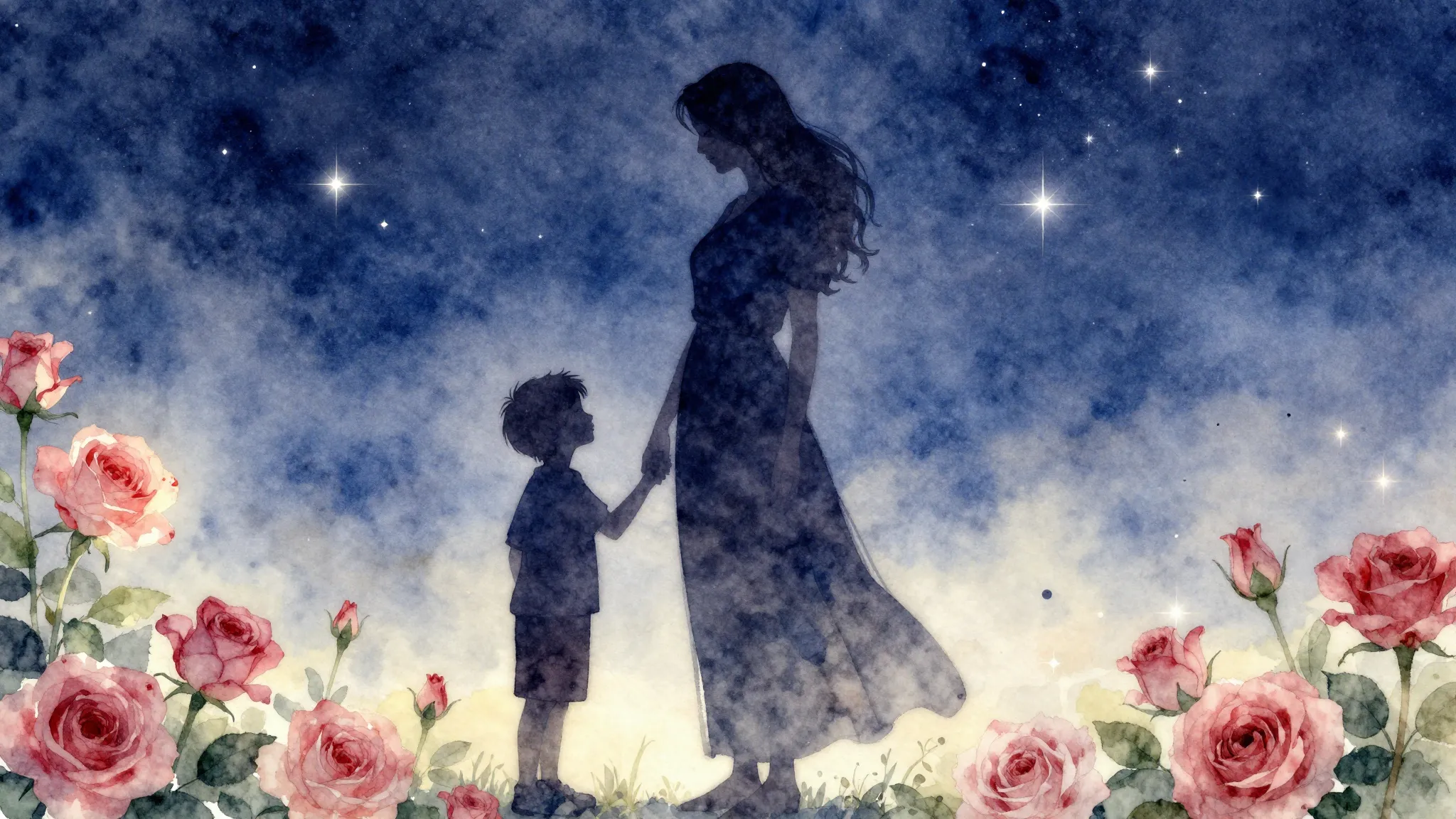 Watercolor style. A beautiful silhouette of a mother and son...