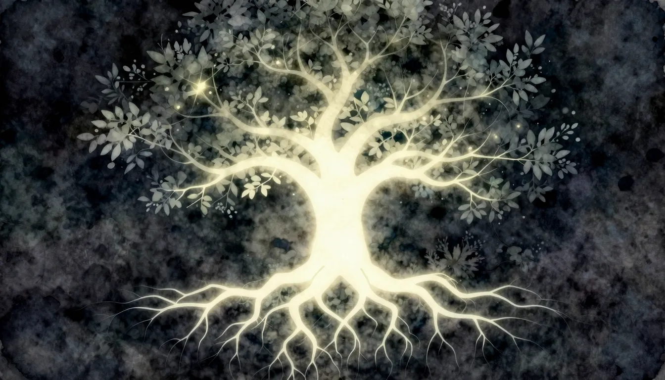 Watercolor style. Silhouette of a glowing tree with deep roo...
