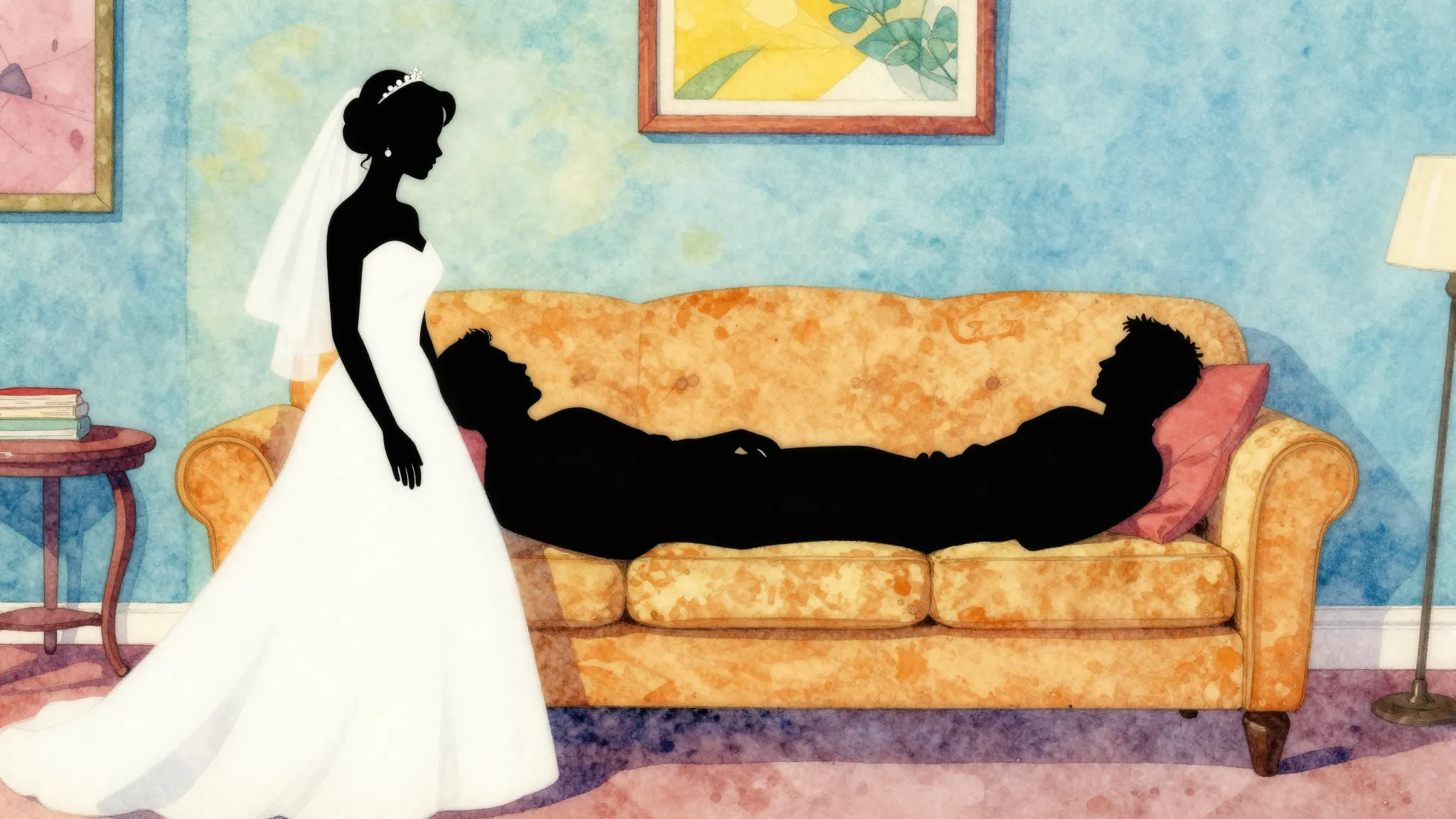 Watercolor style. Silhouette of a bride looking at a silhoue...