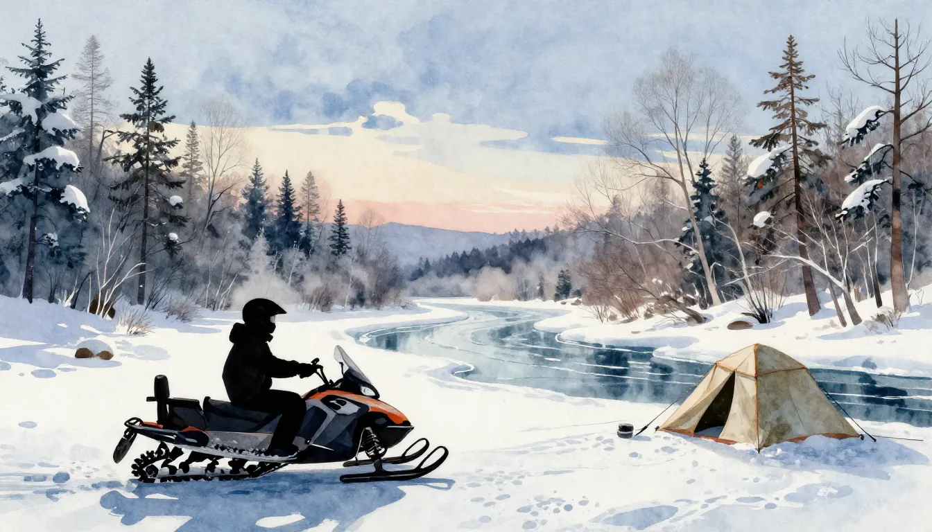 Watercolor style. Winter landscape, snowmobile silhouette, f...