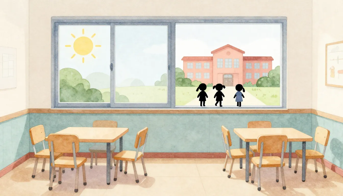 Watercolor style. A cozy kindergarten room with small chairs...