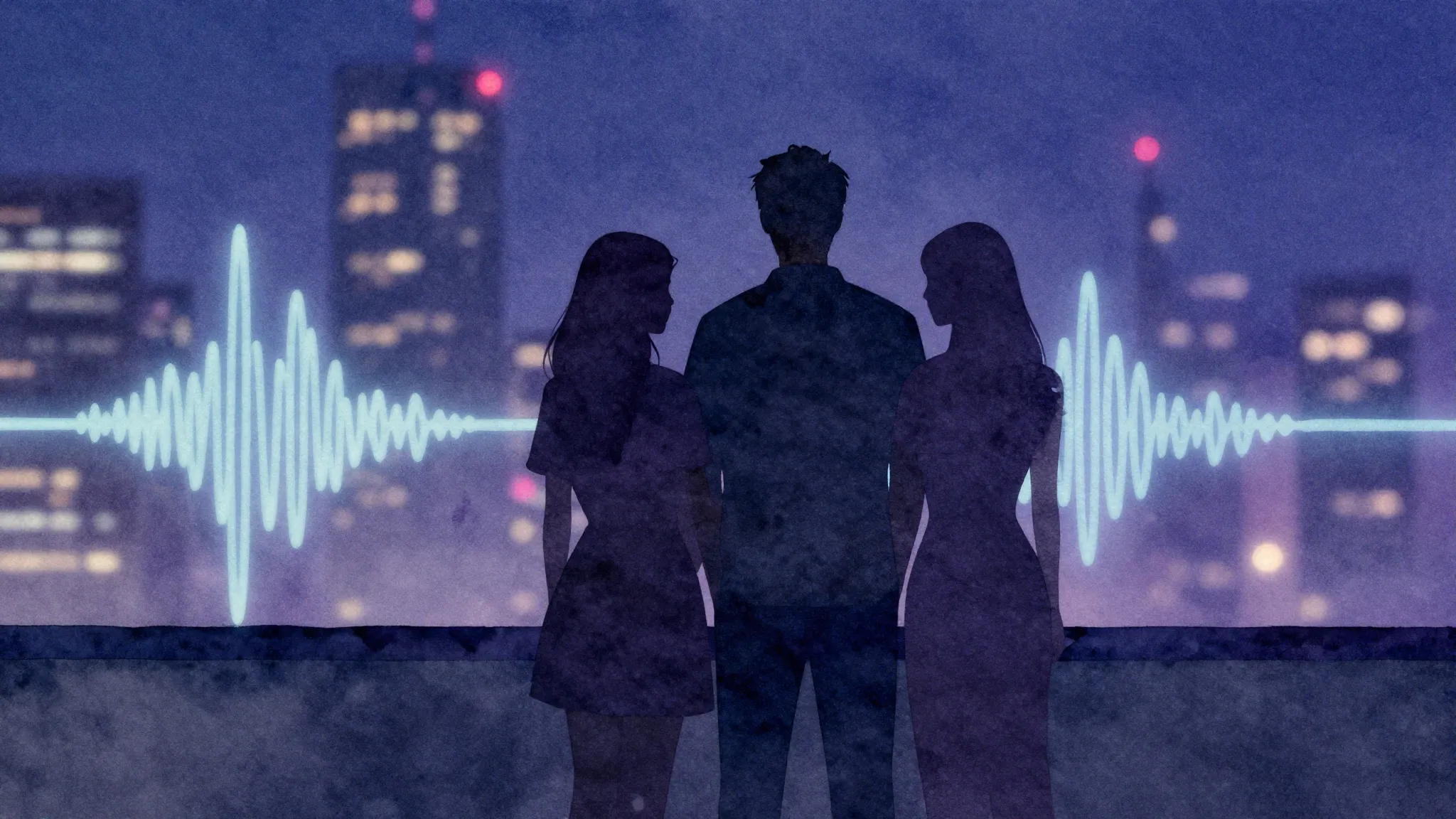 Watercolor style. Two dark silhouettes of a man and a woman ...