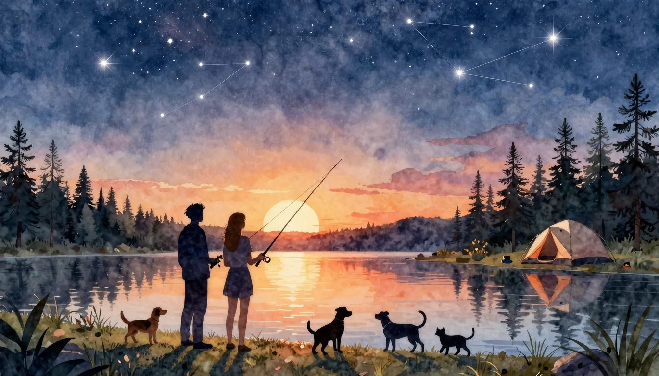 Watercolor style. A silhouette of a couple fishing by a lake...