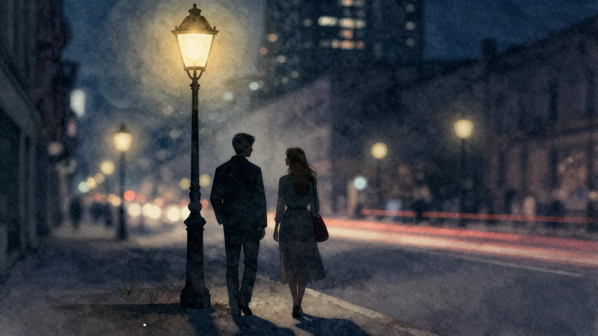 Watercolor style. Silhouette of a couple standing under a st...