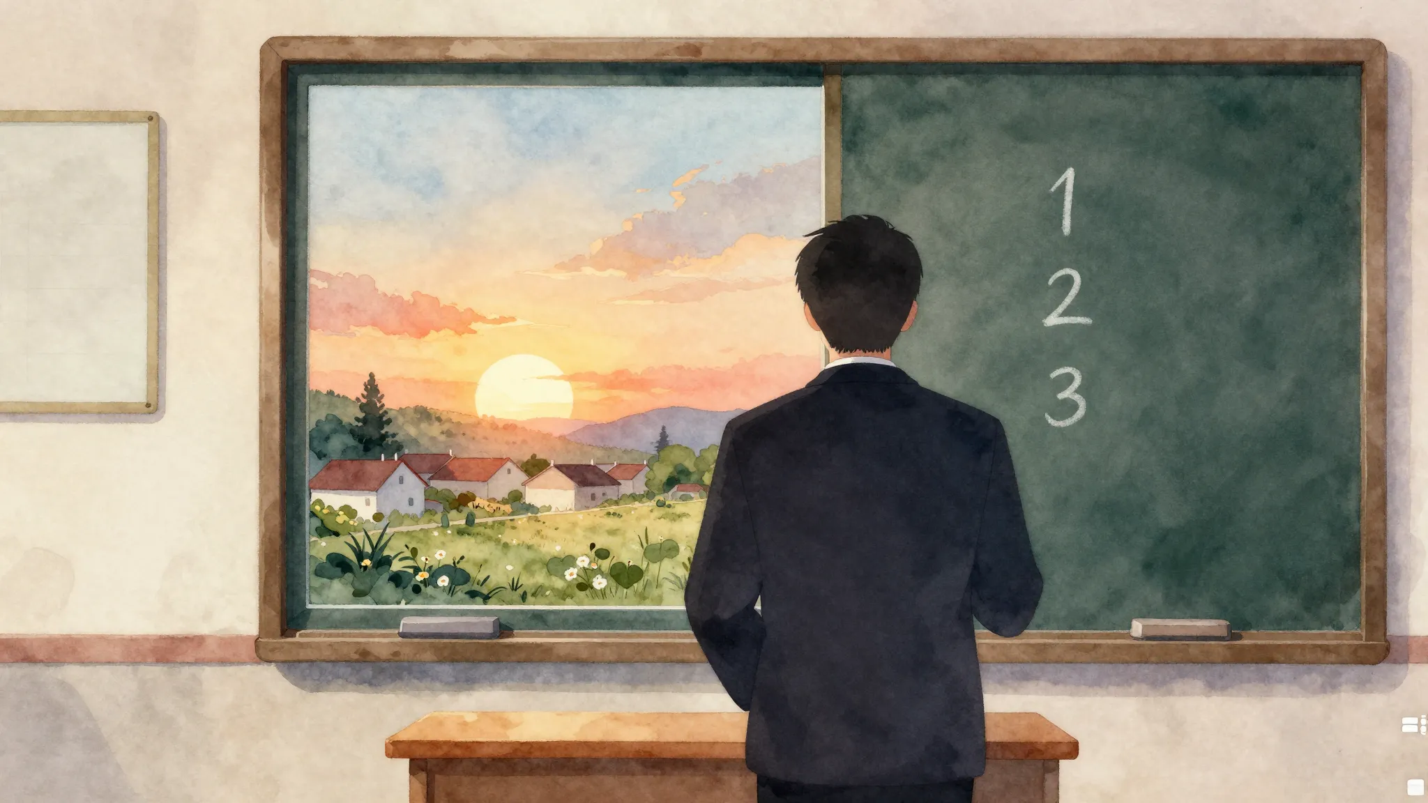 Watercolor style. Silhouette of a teacher in a classroom, ch...