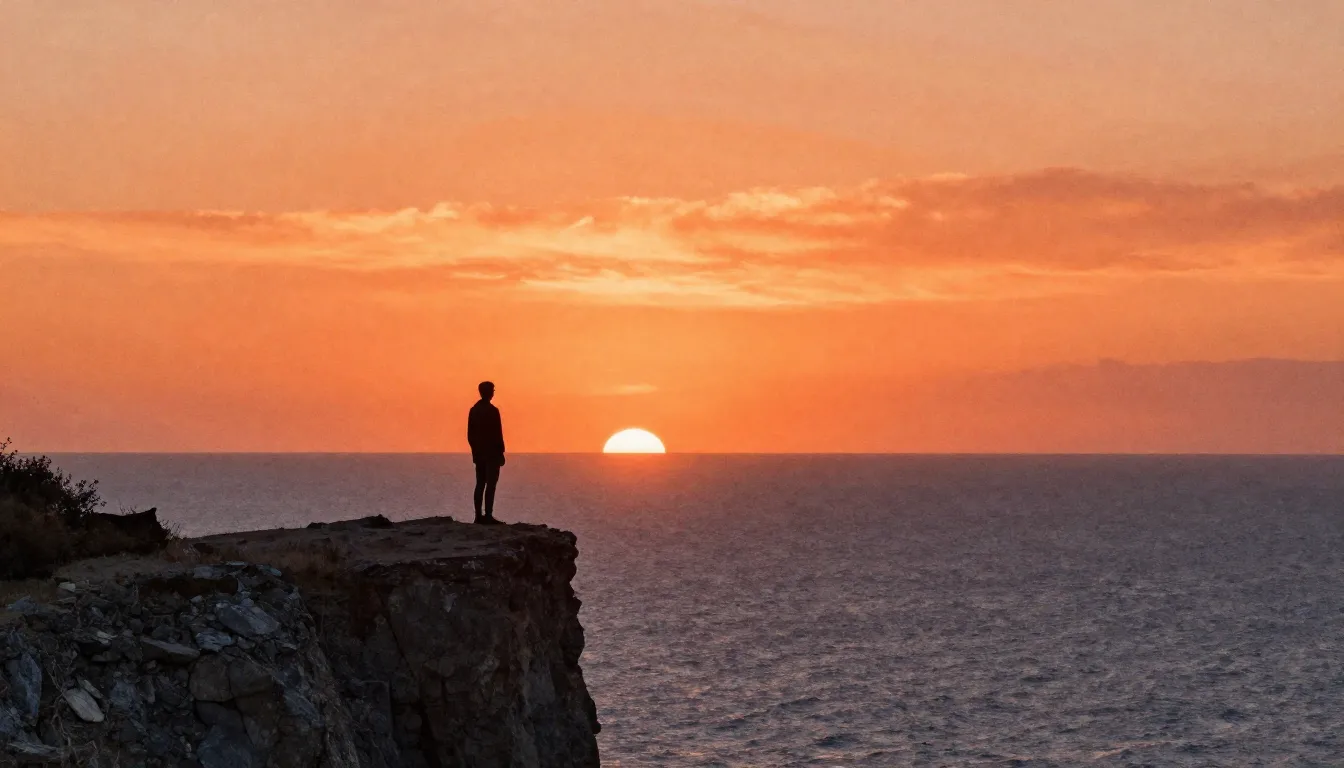 Watercolor style. A lonely silhouette of a person standing o...