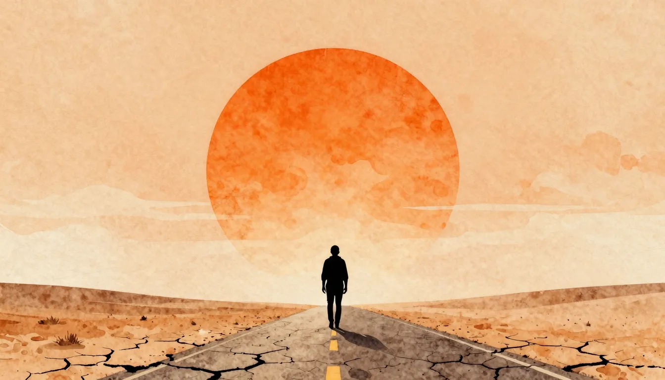 Watercolor style. Silhouette of a lone traveler on a cracked...