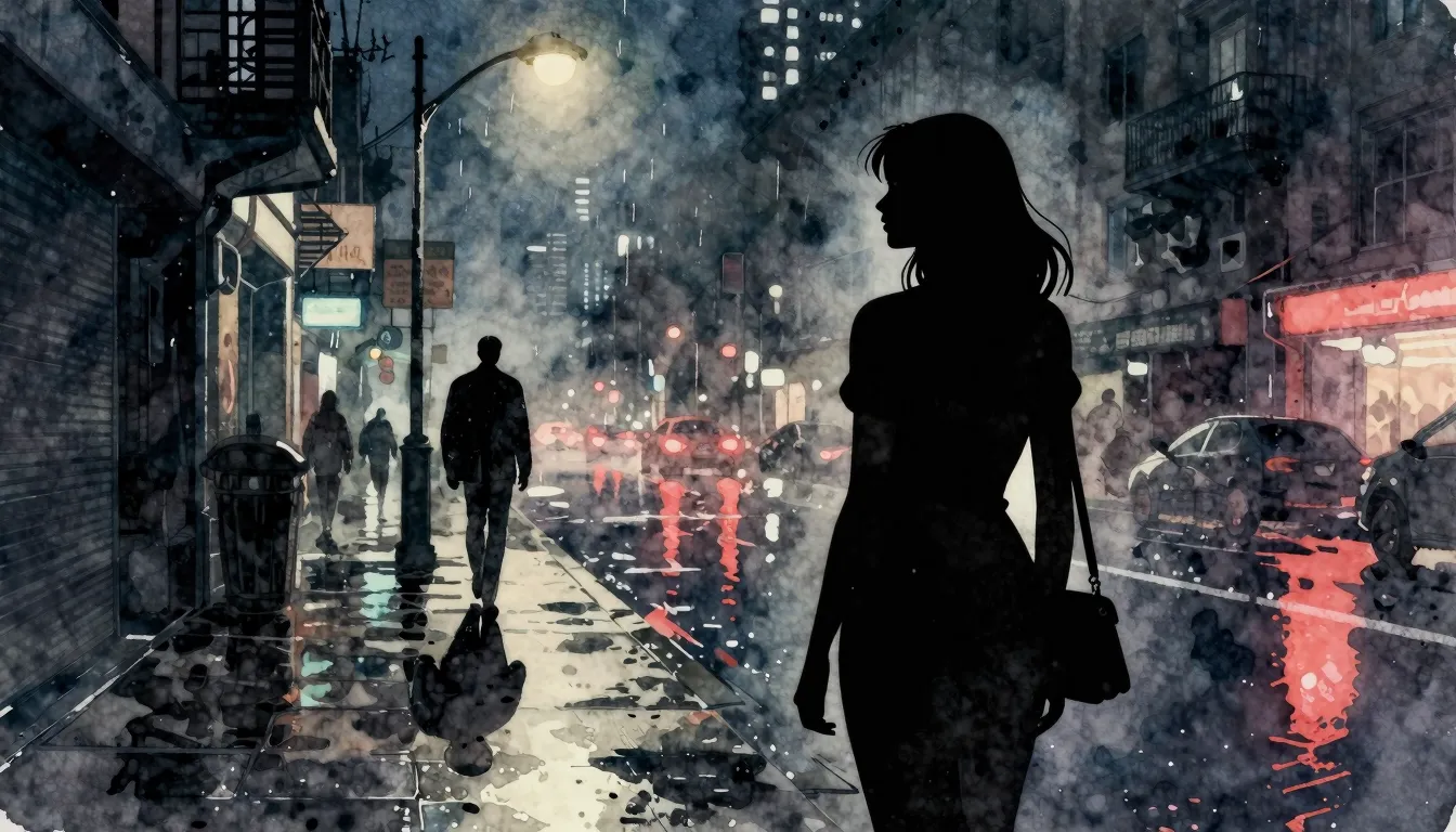 Watercolor style. Silhouette of a woman standing on a city s...