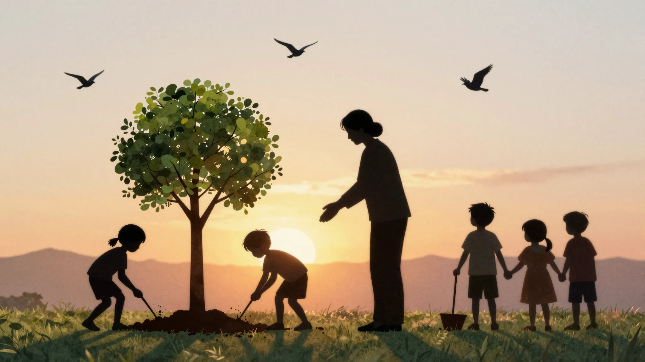 Watercolor style. Silhouette of a teacher and children plant...
