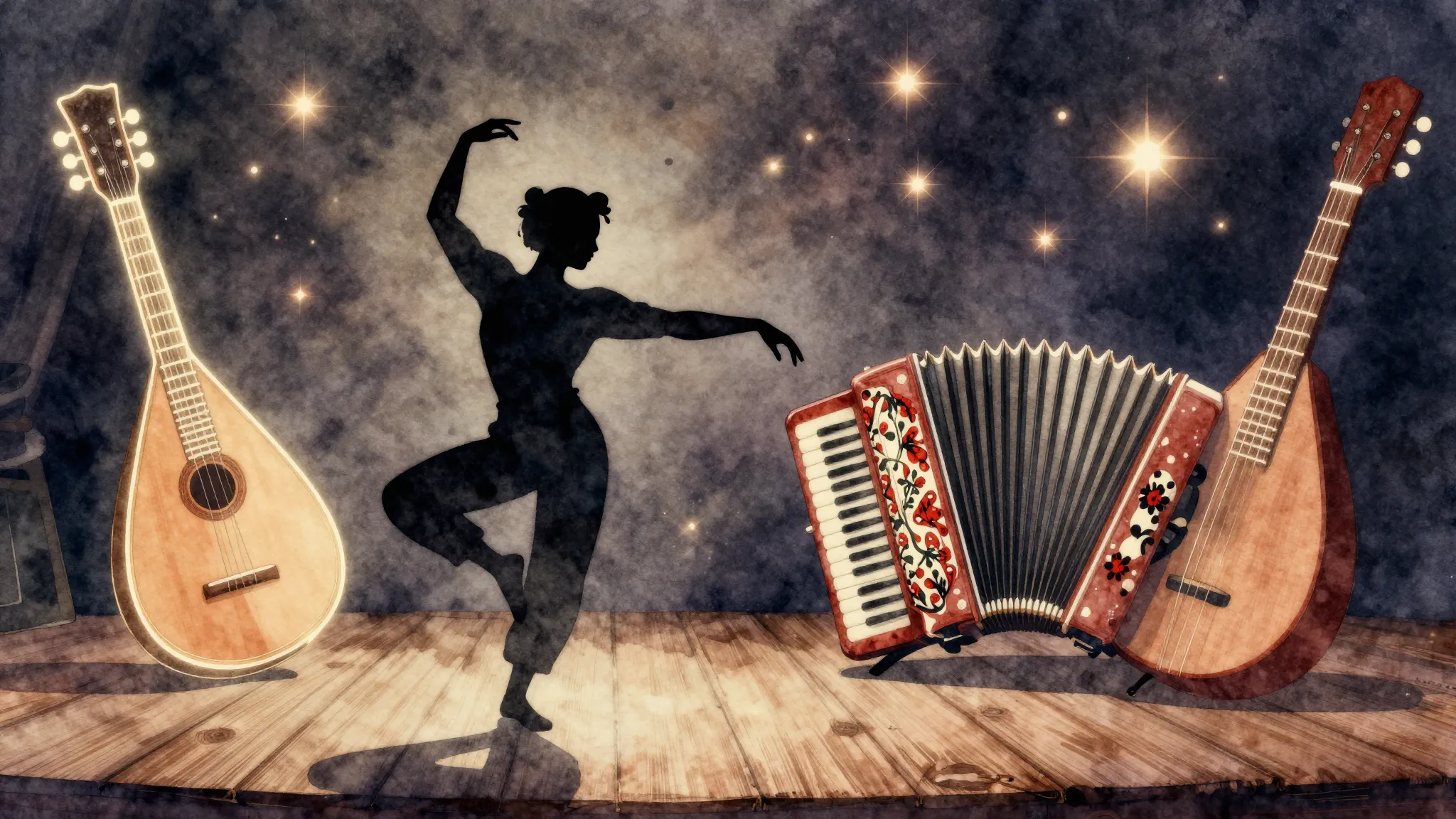 Watercolor style. A dark silhouette of a person dancing ener...