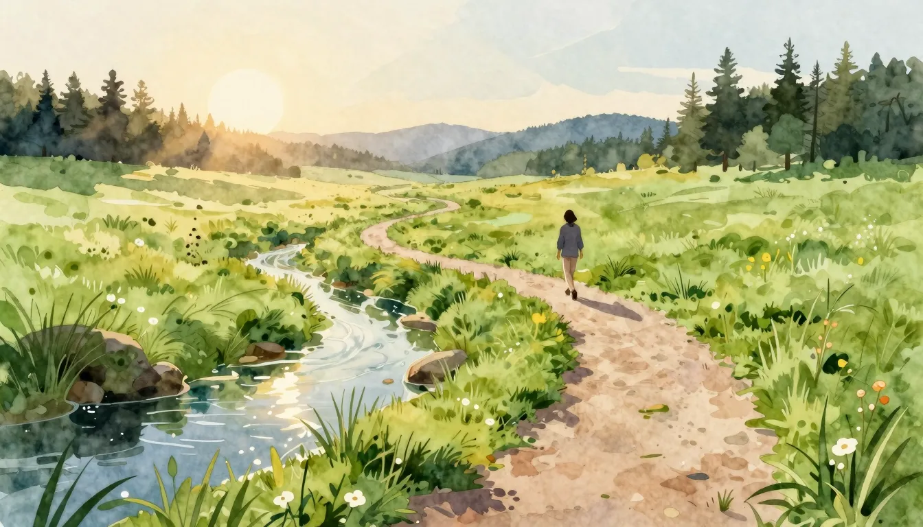 Watercolor style. A serene landscape with a winding path thr...