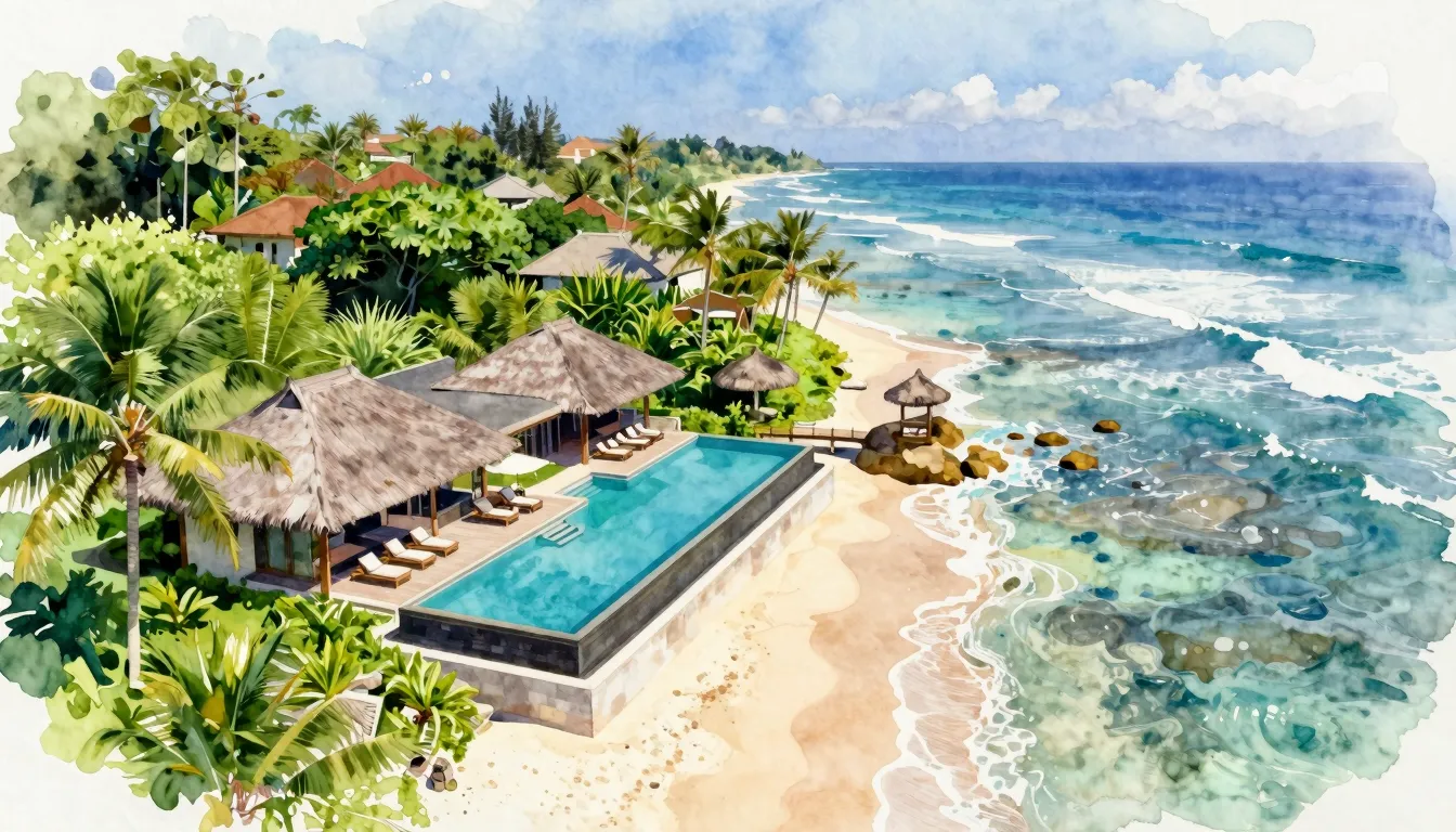Watercolor style. Aerial view of a luxury resort on Bali coa...