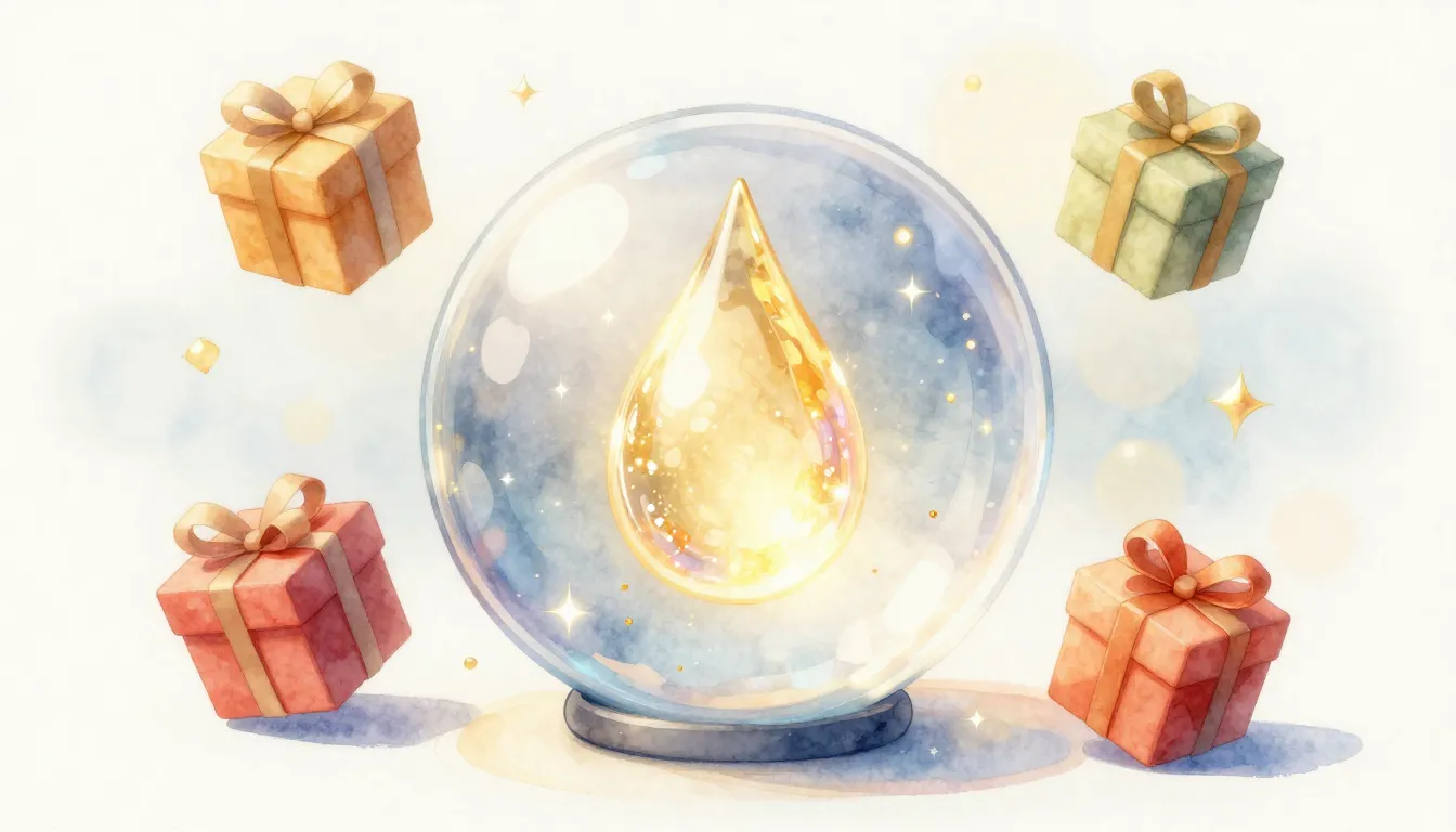 Watercolor style. A magical glowing liquid drop inside a tra...