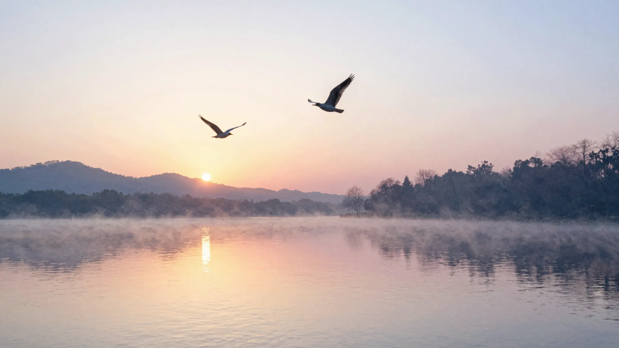Watercolor style. A gentle morning sunrise over a calm lake,...