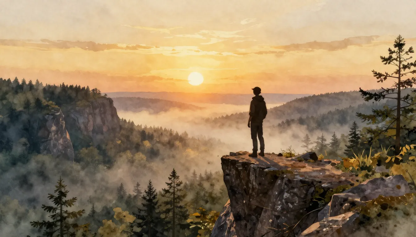 Watercolor style. Silhouette of a person standing on a high ...