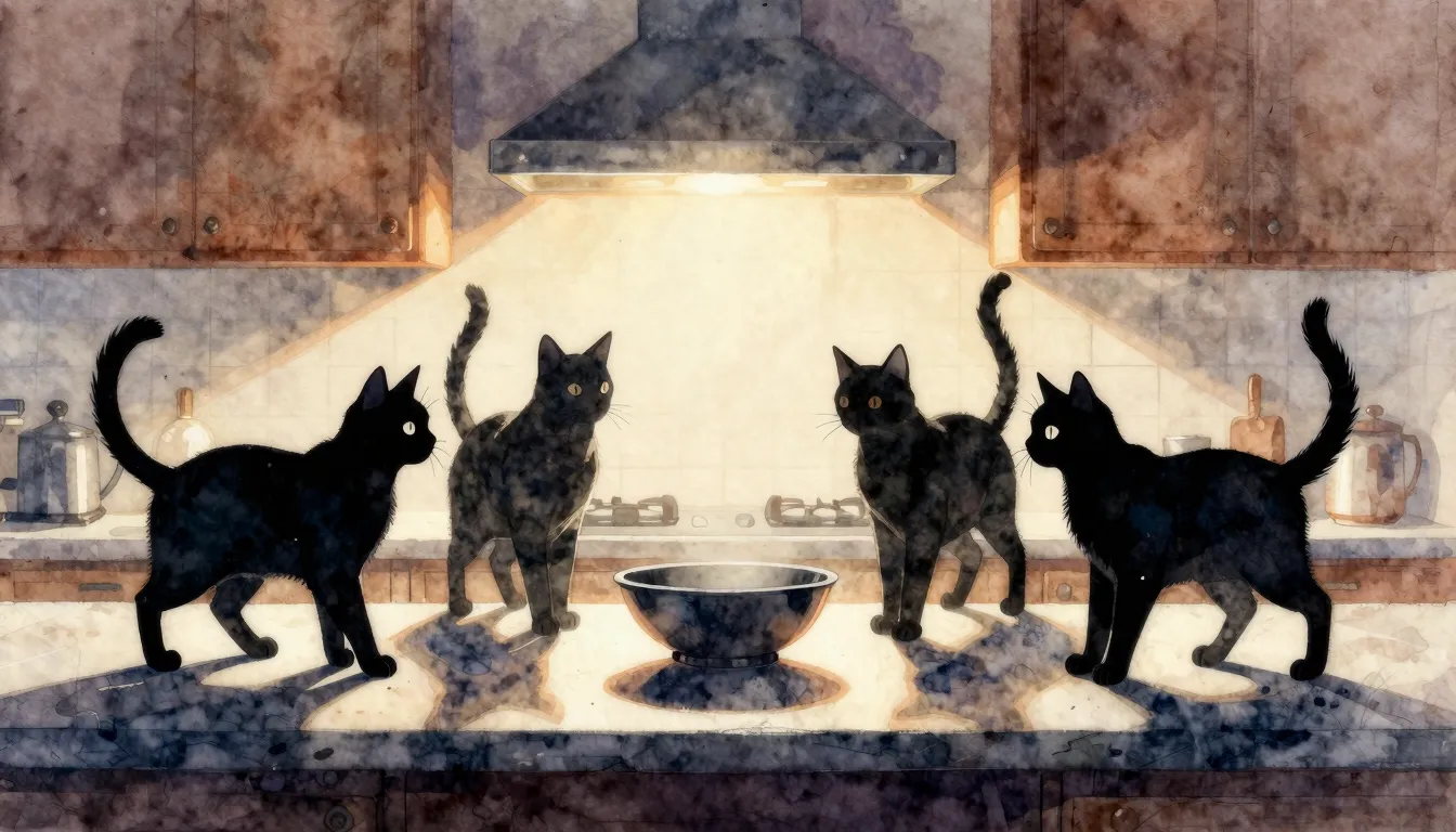 Watercolor style. Silhouettes of four cats in a dramatic sta...