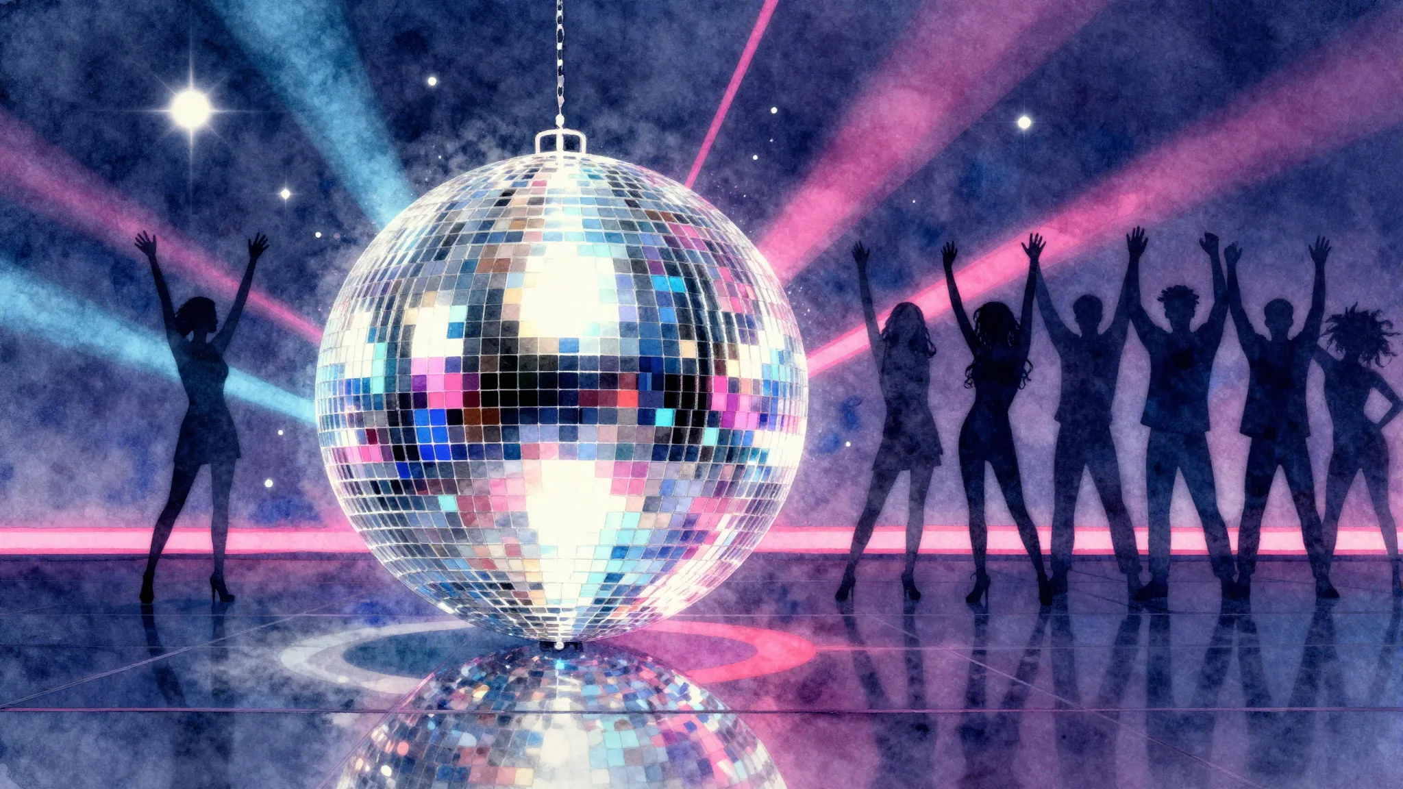 Watercolor style. A glowing disco ball reflecting bright neo...
