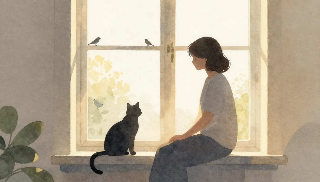 Watercolor style. A silhouette of a woman sitting by a brigh...