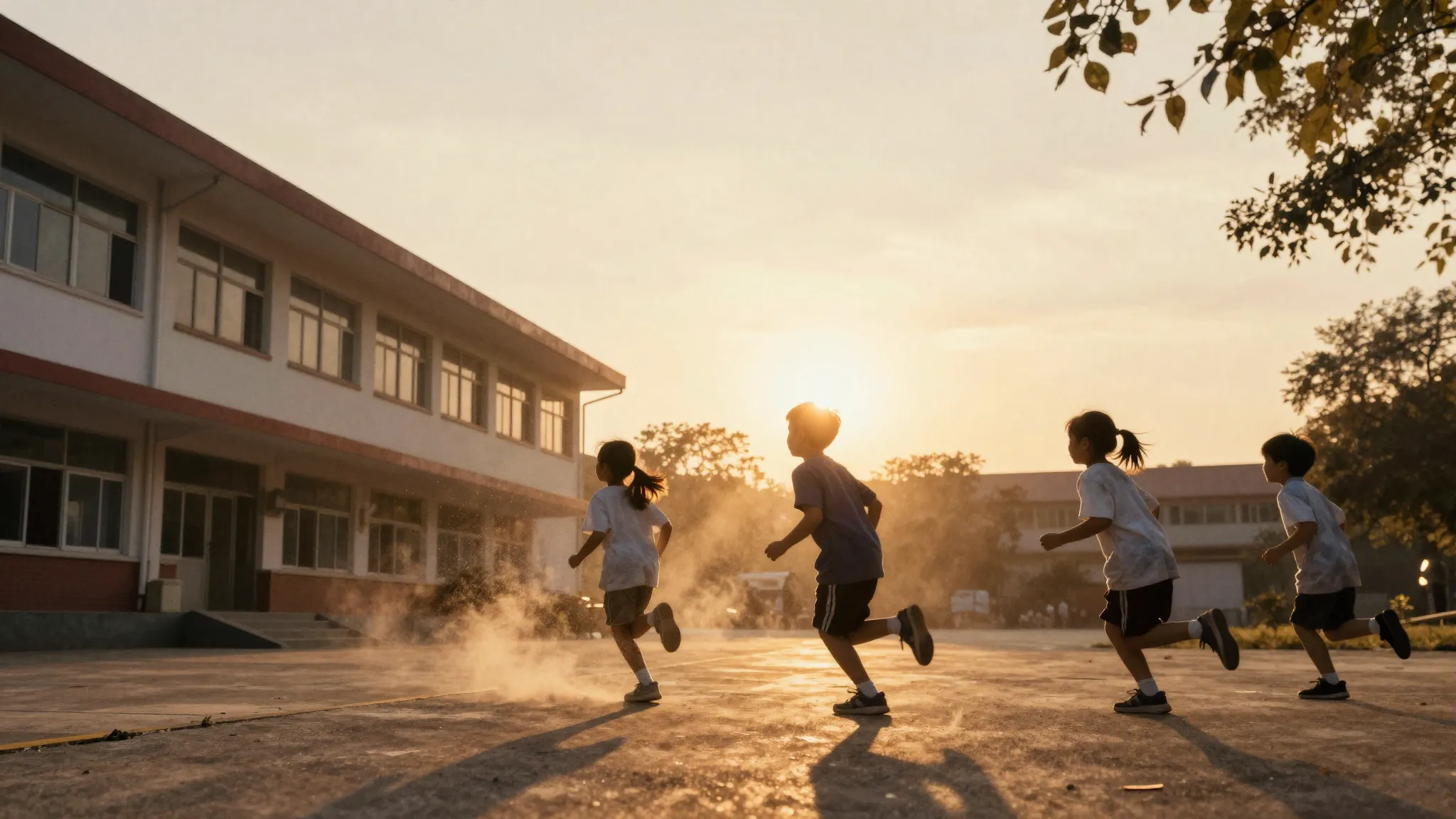 Watercolor style. Silhouettes of children running near a sch...