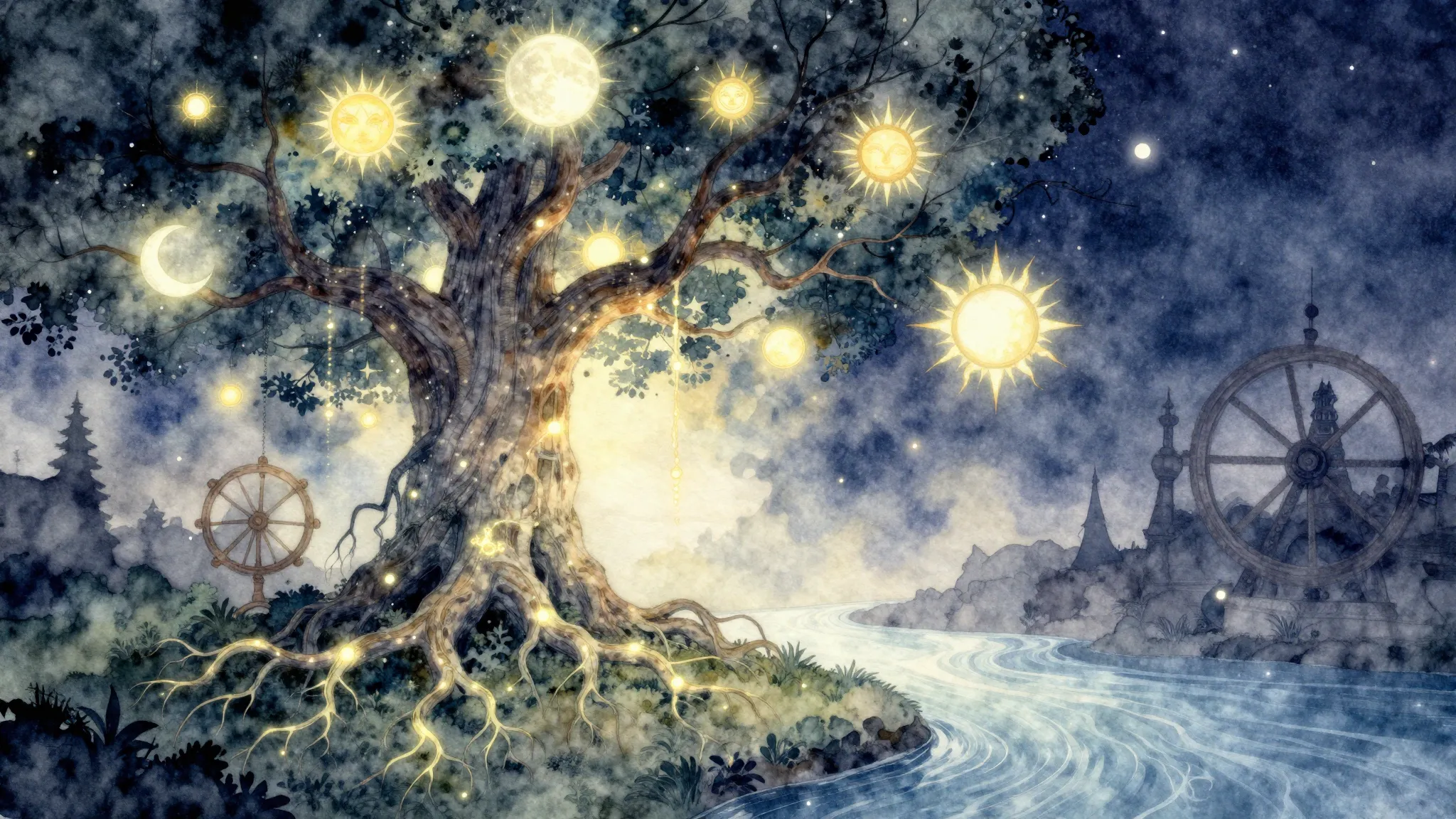 Watercolor style. A mystical ancient tree with glowing roots...