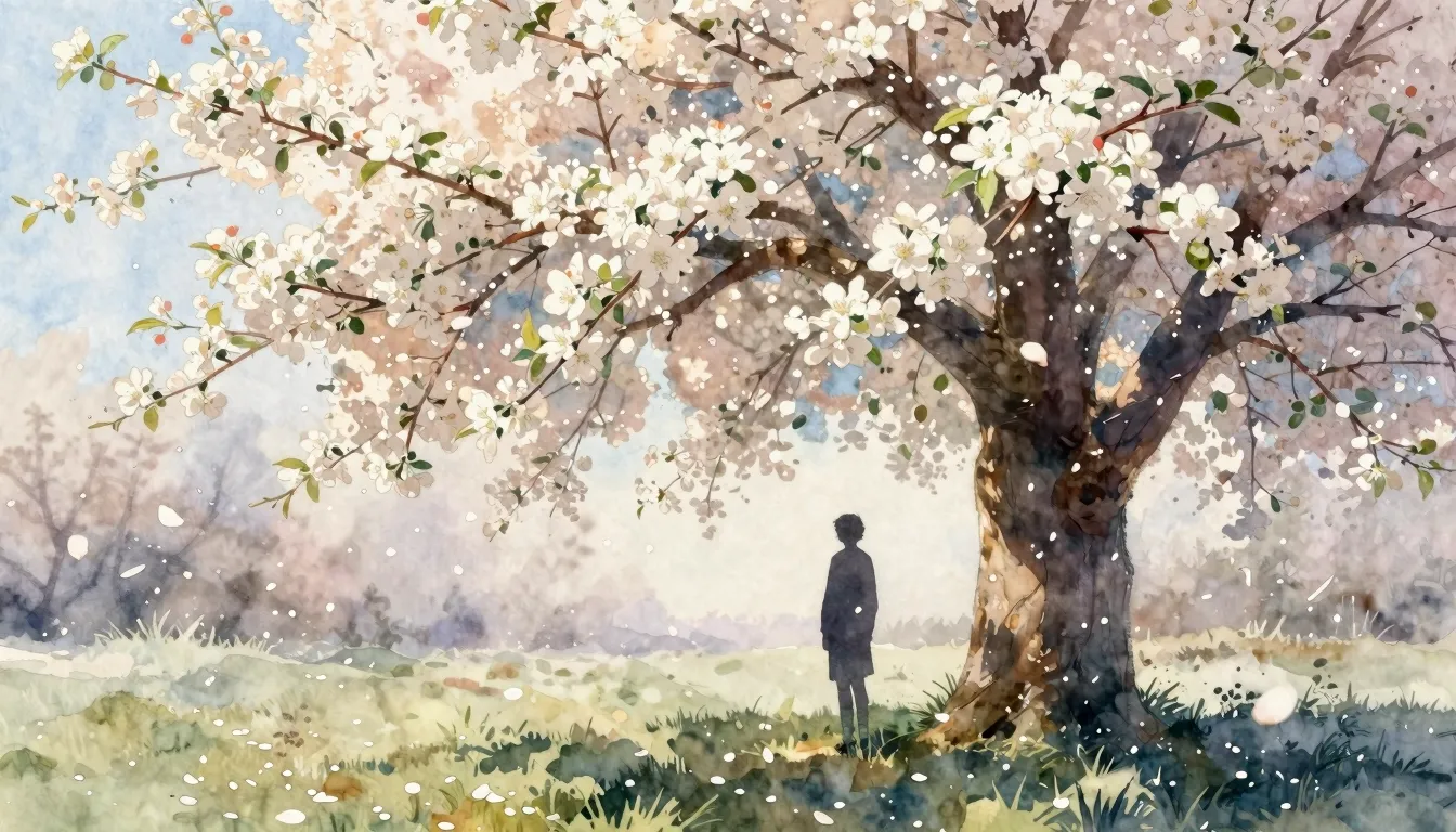 Watercolor style. A silhouette of a person standing under a ...