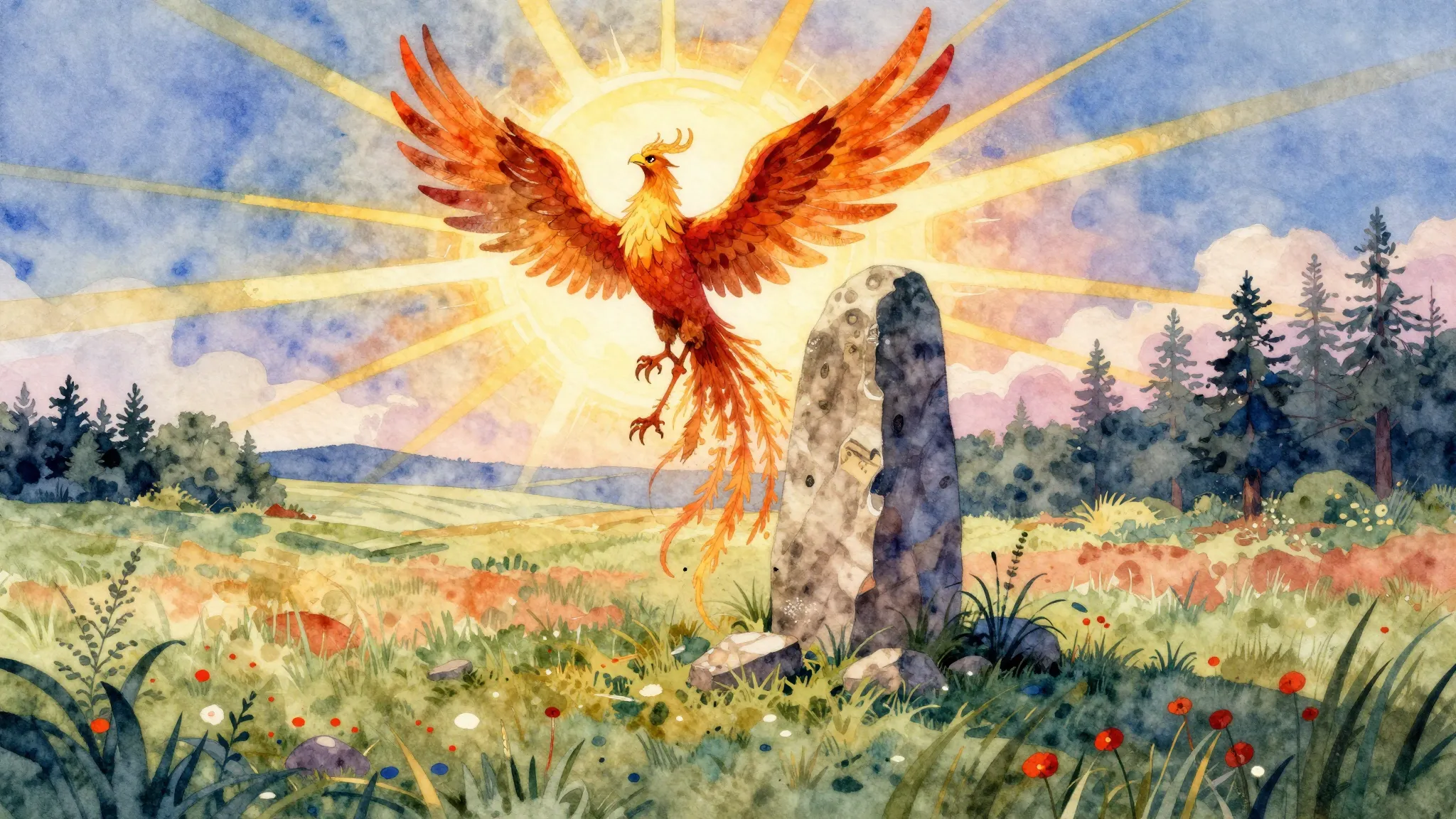 Vibrant watercolor style. Folk album cover: Slavic phoenix r...