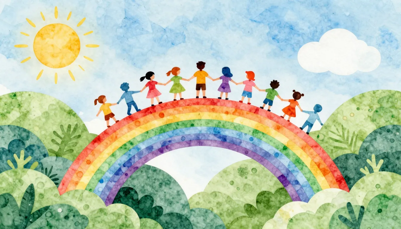 Watercolor style. A colorful rainbow bridge connecting styli...