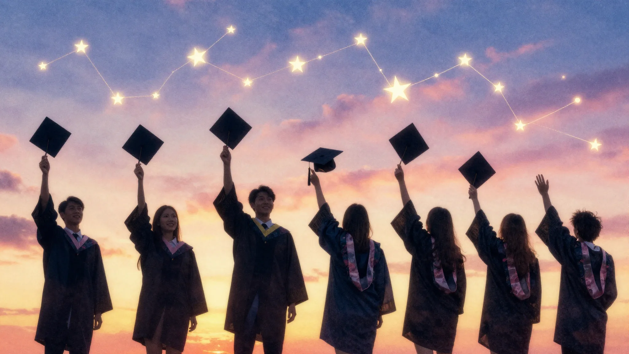 Watercolor style. A group of silhouettes of graduates in cap...