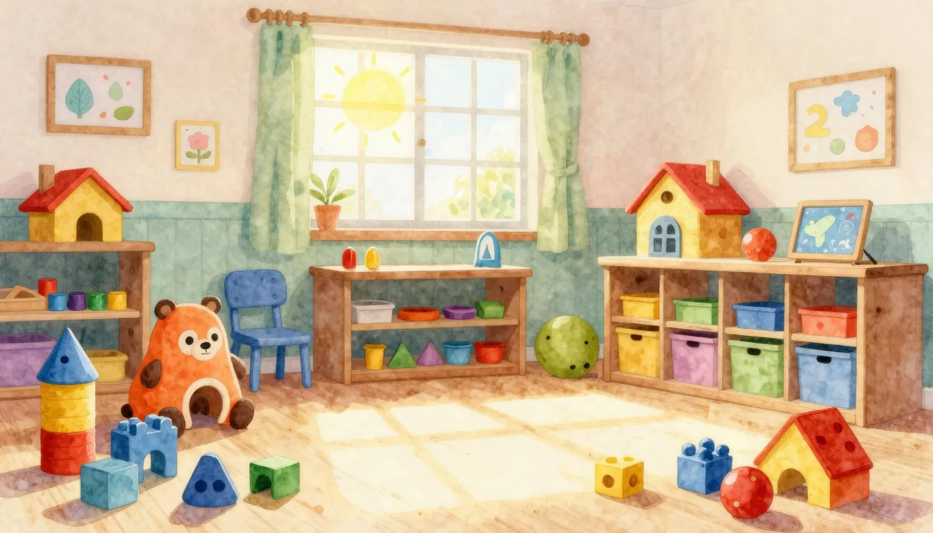 Watercolor style. A cozy kindergarten classroom with colorfu...
