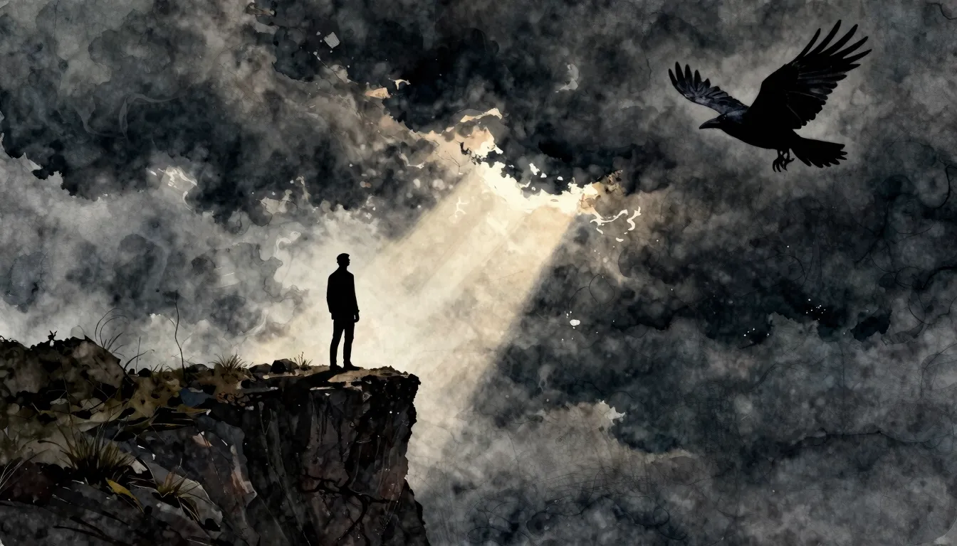 Watercolor style. A lone silhouette stands on a cliff, looki...