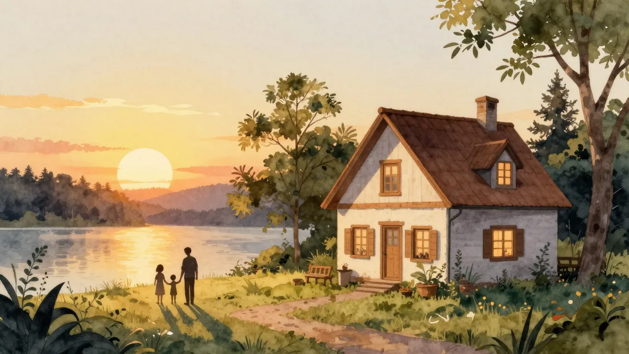 Watercolor style. A cozy countryside house near a small lake...